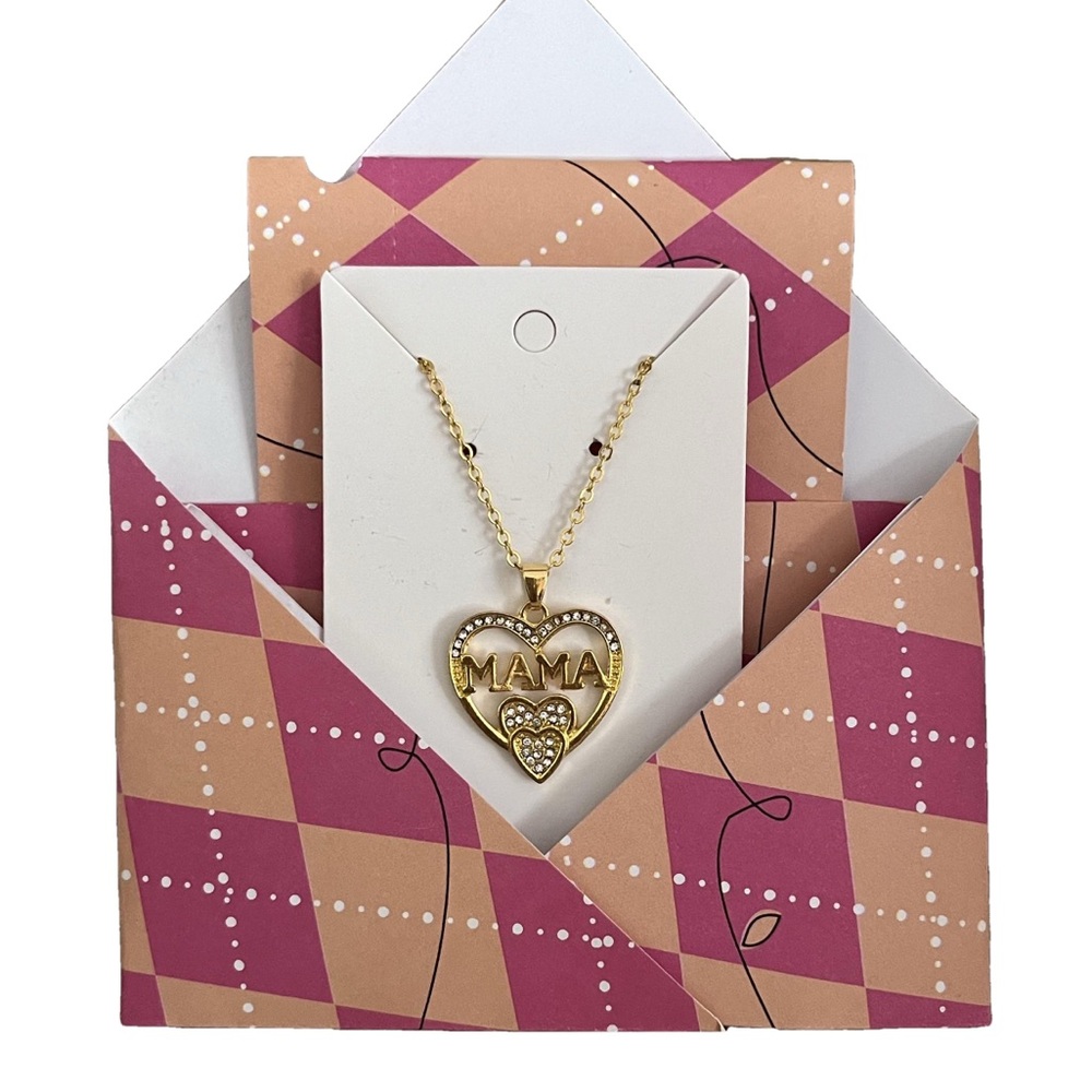 Mama Heart Pendant Accented with Sparkling Rhinestones with Gold-tone Chain